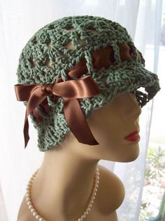 Handmade Cotton Cloche Flapper 1920S Sun Hat Ribbon Free Crochet Hat Patterns, Crochet Cloche Hat, Flapper 1920s, Flapper Cloche, Womens Hats, Flapper Hat, Crochet Knit Hat, Cap Patterns, Crochet Cap