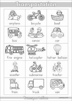 transportation worksheet for kids with pictures and words to color on the page,