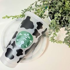 a starbucks cup sitting on top of a white plate next to a potted plant