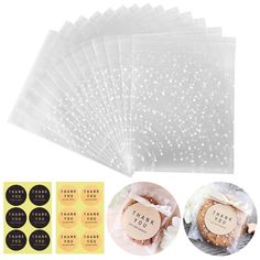 six clear bags with thank you stickers on the side and one white polka dot