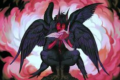 an artistic painting of a demon with wings on its back sitting in front of a pink and black background