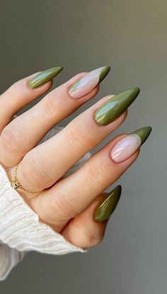 Olive green goes with almost everything, but you won't see it everywhere—making it a great mani choice. Read on for 15 of our favorite olive mani ideas. Swirl Nail, Olive Nails, Long Almond, Nagellack Trends, September Nails, Green Nail Designs, Nagel Tips, Easy Nails, Smink Inspiration