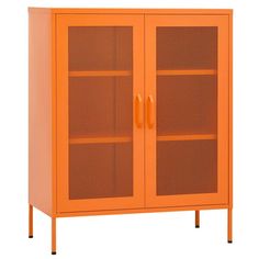 an orange cabinet with mesh doors and handles