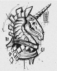 a black and white drawing of a unicorn's head with an arrow on it