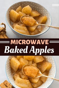 two bowls filled with baked apples on top of a white table next to cinnamon sticks