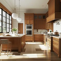 a large kitchen with wooden cabinets and white counter tops