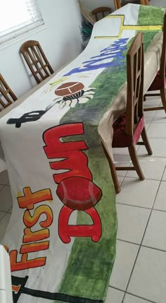 there is a table covered with an advertisement on it