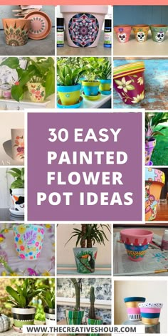 the words 30 easy painted flower pot ideas on top of pictures of pots and planters