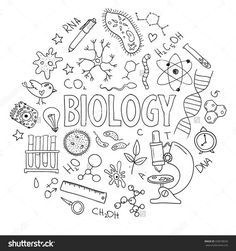 the word biology surrounded by hand drawn doodles and icons in black and white stock photo