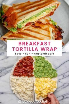 the breakfast tortilla wrap is cut in half and served on a plate with other foods