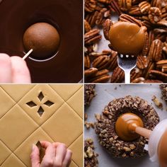 there are four pictures that show different things in the same photo, including chocolate and pecans