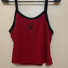 Red And Black Spider, Black Color Hairstyles, Hairstyles Black Hair, Spiderman Shirt, Color Hairstyles, Black Spider, Crop Top Outfits