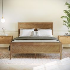 a bed with two nightstands and a plant in the corner