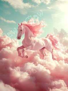 a white horse with pink manes is flying through the air above clouds and blue sky