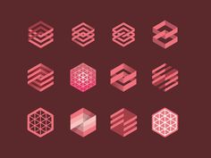 an abstract set of geometric shapes in shades of pink and red on a dark background