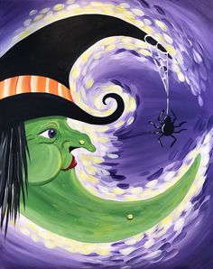 an acrylic painting of a witch and a spider