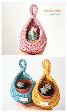 two crocheted pot holders with small cactus in them, one is holding a plant and the other has a succulent