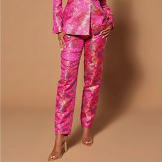 Hot Pink Magenta Fuschia Brocade Jacquard High Waisted Pants Indowestern Fusion This Listing Is For The Pants Only Luxury Pink Brocade Traditional Wear, Pink Brocade Suit, Brocade Coat Pant Women, Formal Fitted Jacquard Sets, Elegant Jacquard Bottoms For Spring, Festive Fitted Pants For Workwear, Festive Chic Fitted Pants, Chic Fitted Pants For Festive Occasions, Chic Jacquard Bottoms For Spring