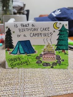 Campfire, cake, camping Creative Birthday Cards For Grandfather, Funny Cards For Grandpa Birthday, Cute Birthday Cards For Grandpa Diy, Funny Grandpa Birthday Card, Happy Birthday Cards For Grandpa, Birthday Cards Grandfather, Grandma Bday Cards, Funny Old Birthday Cards, Grandpa Bday Card