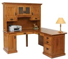 an office desk and hutch are shown in three different views