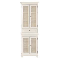 a tall white cabinet with wicker doors on the top and bottom, against a white background