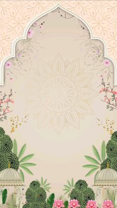 an ornate background with pink flowers and green plants in front of a white arch that has a floral design on it