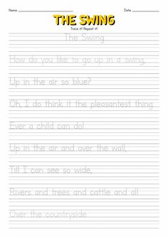 the swing worksheet for kids to practice their handwriting and writing skills on paper