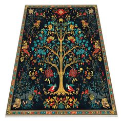 the tree of life rug is shown with birds and flowers on it, as well as an ornate border