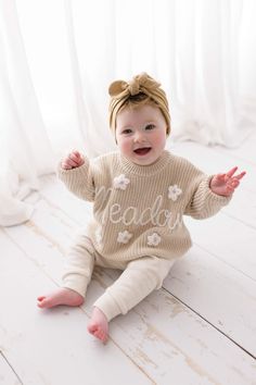 Toddler Knit Sweater, Cute Cotton Chunky Knit Sweater, Cute Cotton Cable Knit Sweater, Cute Cream Knitted Sweater, Personalized White Sweater For Winter, Knitted Long Sleeve Sweater Gift, Knitted Long Sleeve Sweater As Gift, Personalized Cotton Sweater For Winter, Embroidery Jumper