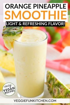 This orange pineapple smoothie made with vegan yogurt, frozen pineapple chunks, and orange juice is incredibly refreshing and light tasting. Easy to blend in your high-speed blender or food processor and delightful to enjoy as a refreshing breakfast beverage, after-school snack, or anytime treat. Make this Vegan Orange Pineapple Smoothie recipe! | @veggiefunkitchen Orange Juice Smoothie, Yogurt Frozen, Refreshing Breakfast, Pineapple Chunks, Ginger Smoothie