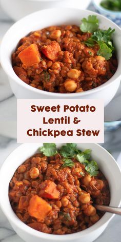 sweet potato lentil and chickpea stew in two white bowls with spoons