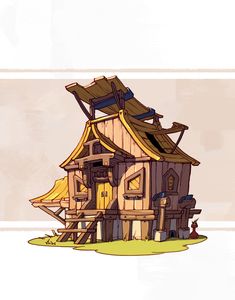 a drawing of a small house with a roof and windows on the top of it