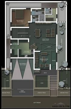 the floor plan for an apartment building with two levels and three rooms, including one bedroom