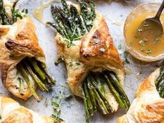 asparagus and cheese pastries with dipping sauce