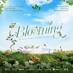 an advertisement for blooming with flowers and butterflies in the grass on a sunny day