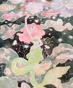 a painting of a mermaid sitting on top of a green and pink fish in the water