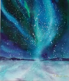 a painting of an aurora bore in the night sky with stars and snow on it