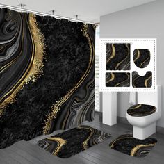 a bathroom with black and gold decor on the shower curtain, rugs and toilet