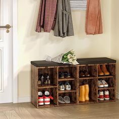 a coat rack with shoes and scarves hanging on the wall