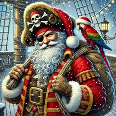 a painting of santa claus with a parrot on his shoulder and a pirate ship in the background