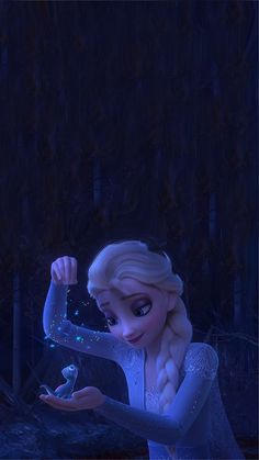 a frozen princess holding an apple in her hand and looking at it with the light on