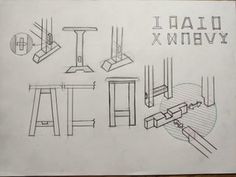 a drawing of different types of furniture and tools on a piece of paper with writing underneath it