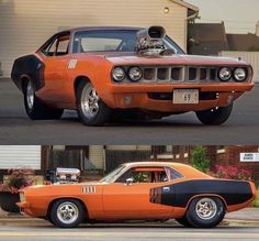 two pictures of an orange muscle car