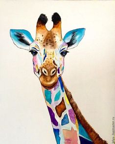 a painting of a giraffe with blue eyes