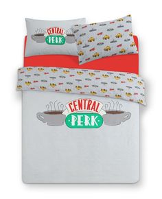 the central perk bedding set is made with grey and red sheets