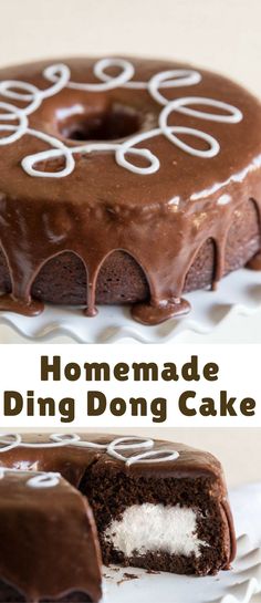 a chocolate cake with white frosting on top and the words homemade ding dong cake above it