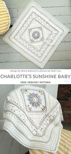 a crocheted baby blanket is shown with the words charlotte's sunshine baby on it