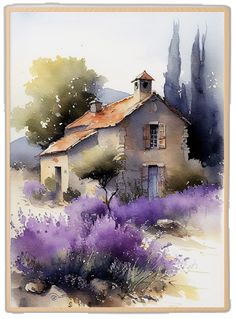 watercolor painting of an old house with lavenders