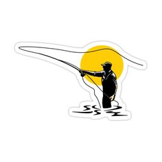 a sticker depicting a fisherman in the water with his fishing rod and yellow sun behind him