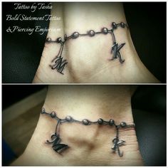 two pictures of tattoos on the side of their feet, one with letters and an arrow